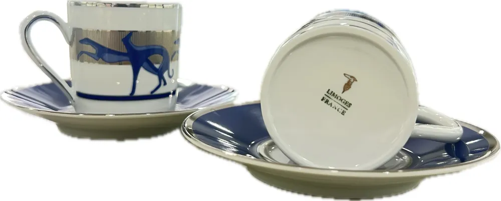 Trussardi 2 kávéscsészéből álló készlet cukortartóval Limoges porcelánból, platina kivitelben LEVRIERI_BLU