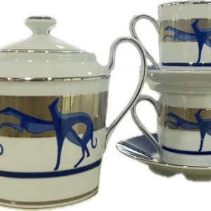Trussardi 2 kávéscsészéből álló készlet cukortartóval Limoges porcelánból, platina kivitelben LEVRIERI_BLU