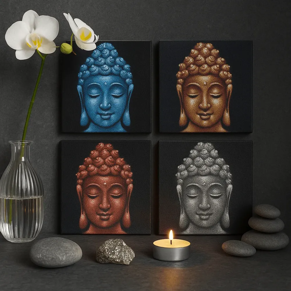 Buddha Fejek Falikép Szett 4 db, 30x30cm