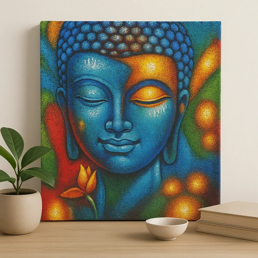 Buddha festmény kék és arany virág 75x55cm