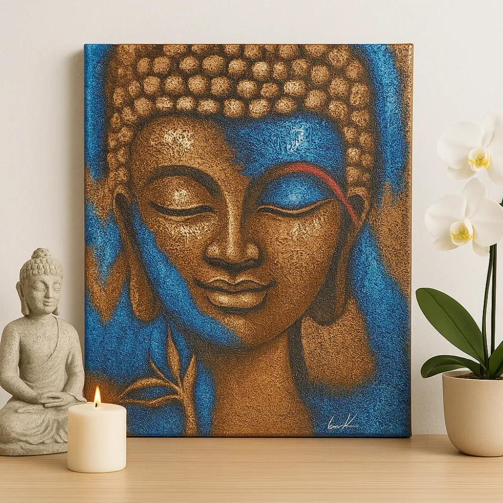 Buddha festmény bronz és kék virág 75x55 cm