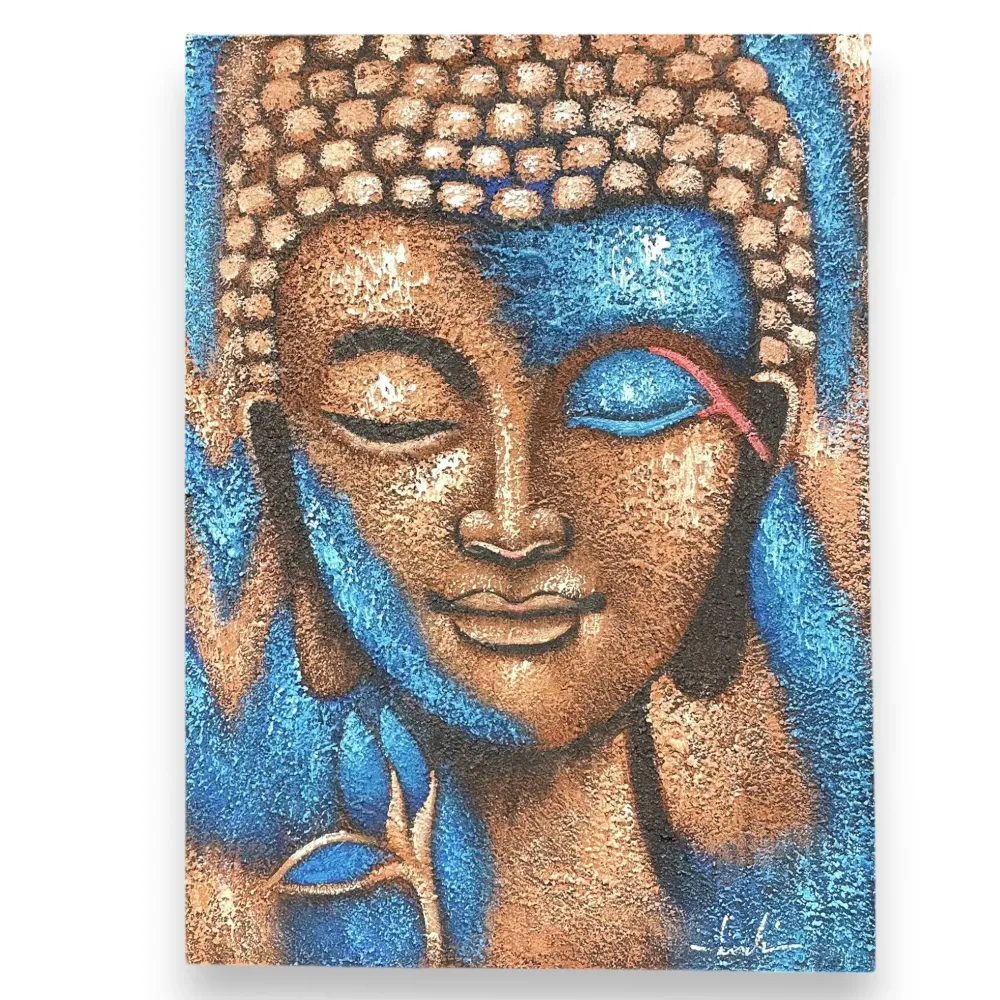 Buddha festmény bronz és kék virág 75x55 cm