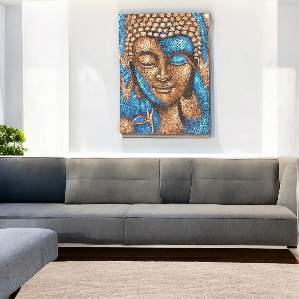 Buddha festmény bronz és kék virág 75x55 cm
