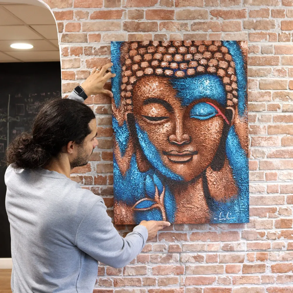 Buddha festmény bronz és kék virág 75x55 cm