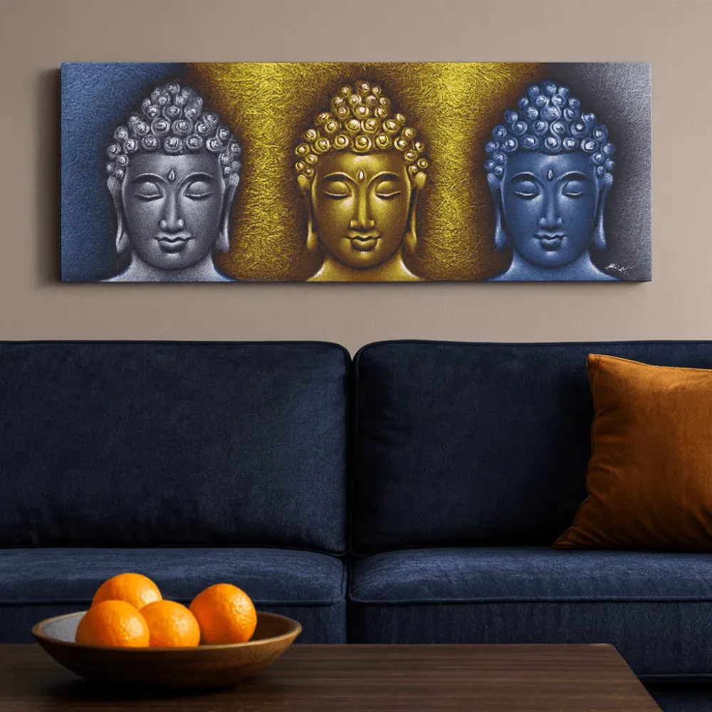 Buddha vászon falikép, három fej arany részletekkel