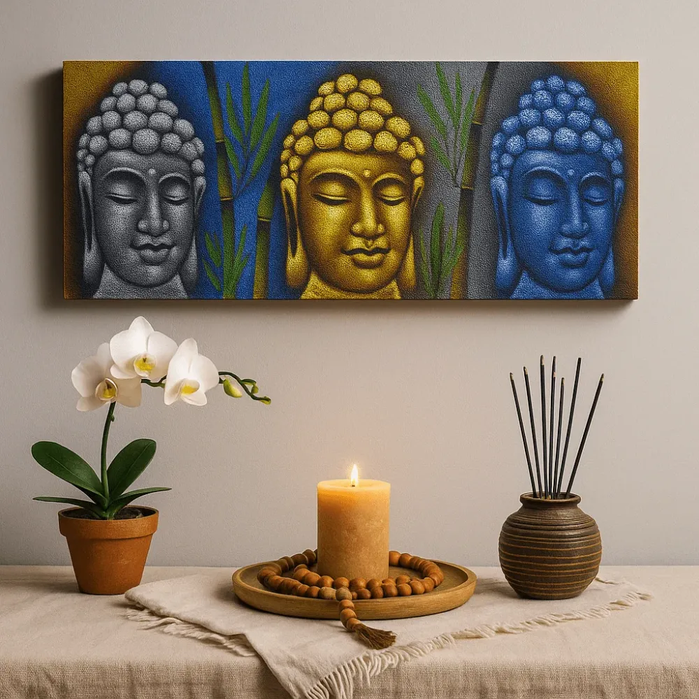 Buddha vászon falikép, három fej bambusszal