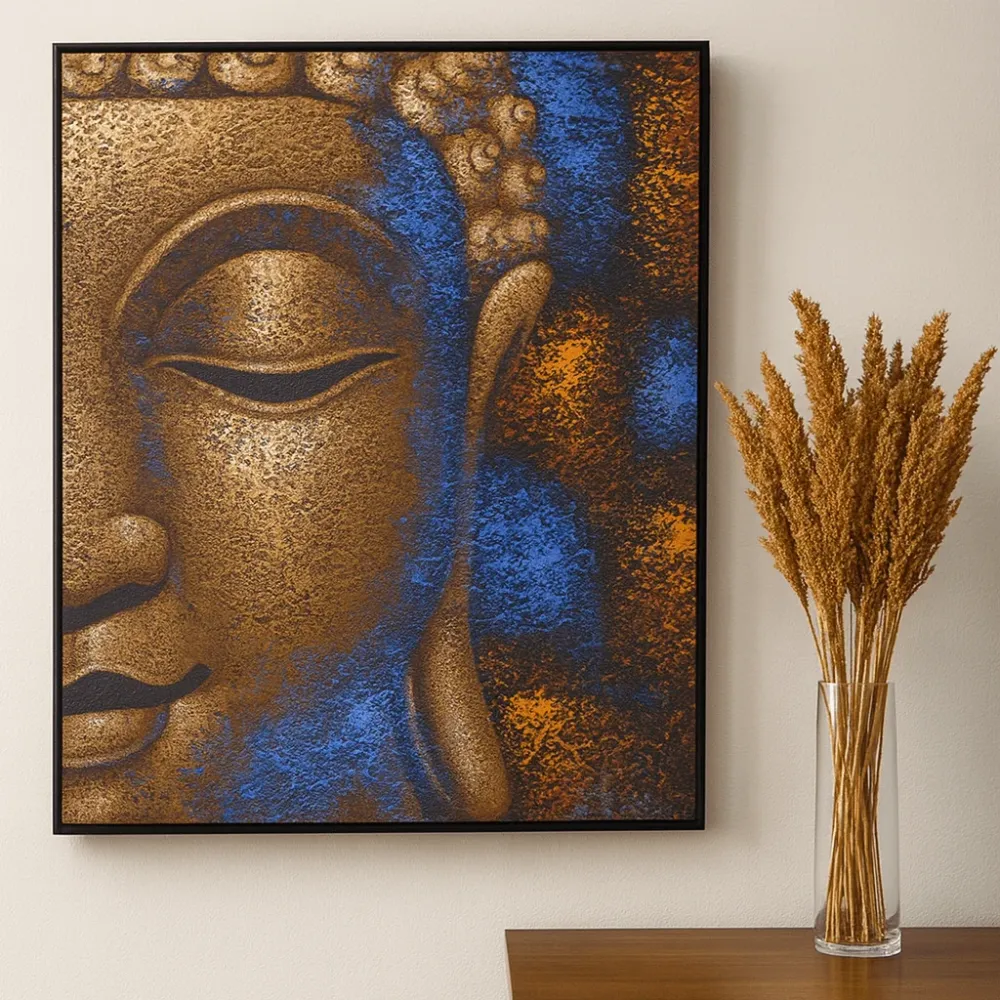 Buddha vászon falikép, keretezett réz 80x60cm