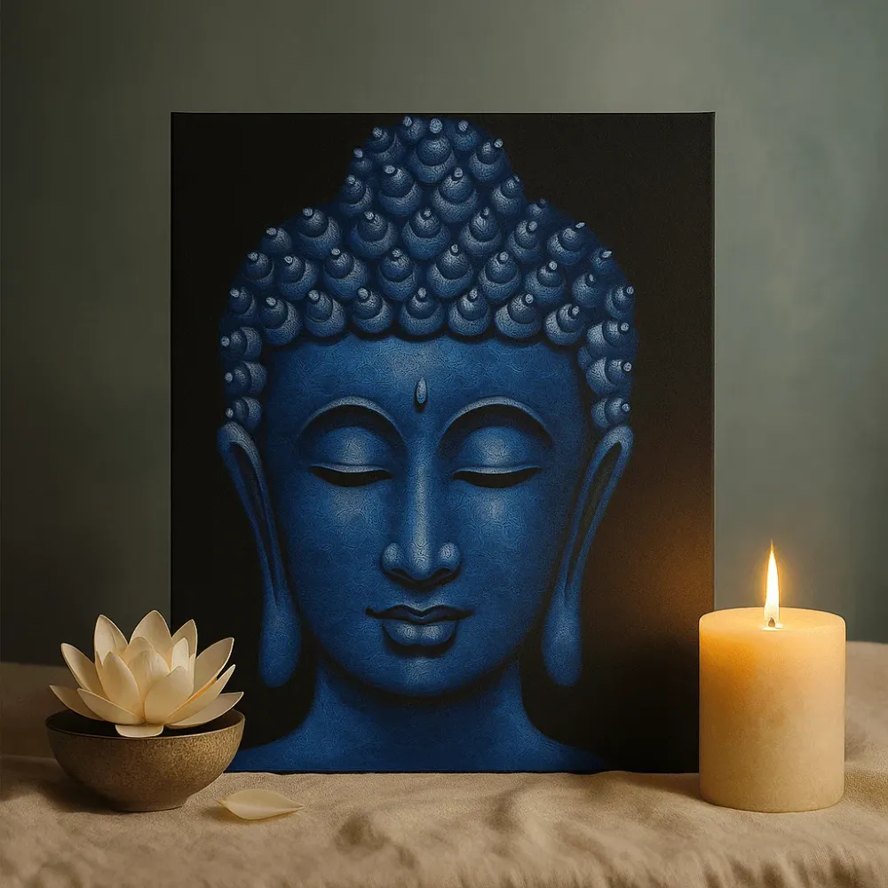 Keretezett Buddha vászon falikép, kék brokát