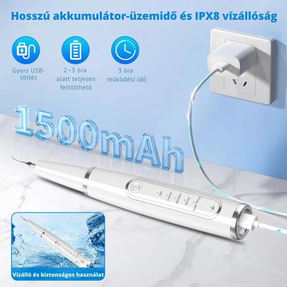 IPX8 ultrahangos elektromos fogkőeltávolító készülék – vízálló, 5 fokozat, LED kijelző