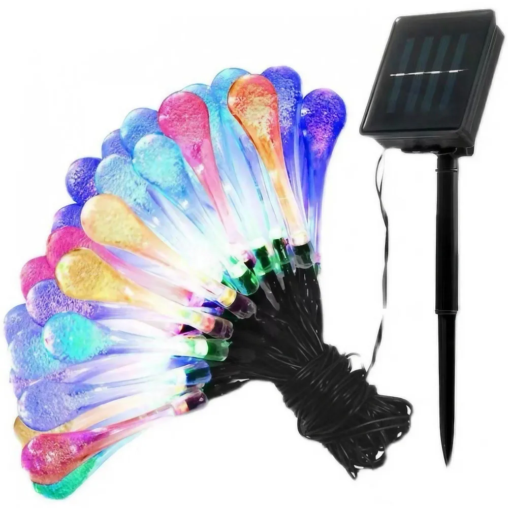 Napelemes telepítés 4 M, 28 LED vízcsepp díszítéssel, Lineáris, 600 Mah, Fekete vezeték, Beltéri, Kültéri