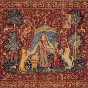 hölgy és az unikornis gobelin faliszőnyeg (jacquard szövés)