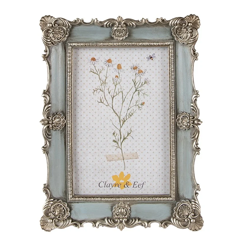 Antikolt kék vintage képkeret ezüstös díszekkel 10x15 cm