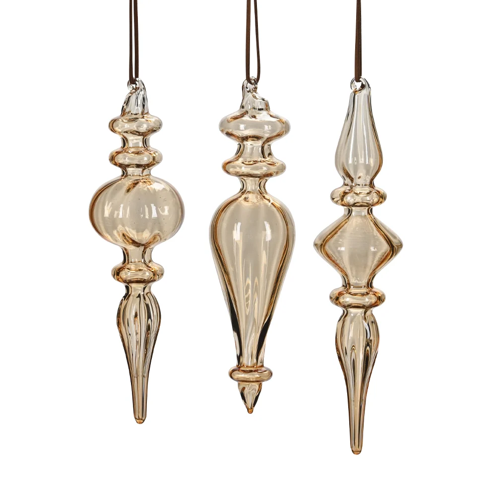 ANTIQUE 3 db-os borostyánsárga üveg jégcsap karácsonyfadísz szett 18 cm