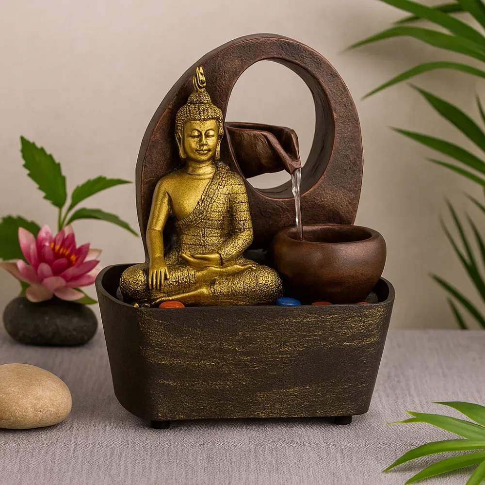 Asztali szökőkút Arany Buddha és cserepek 21.5 cm