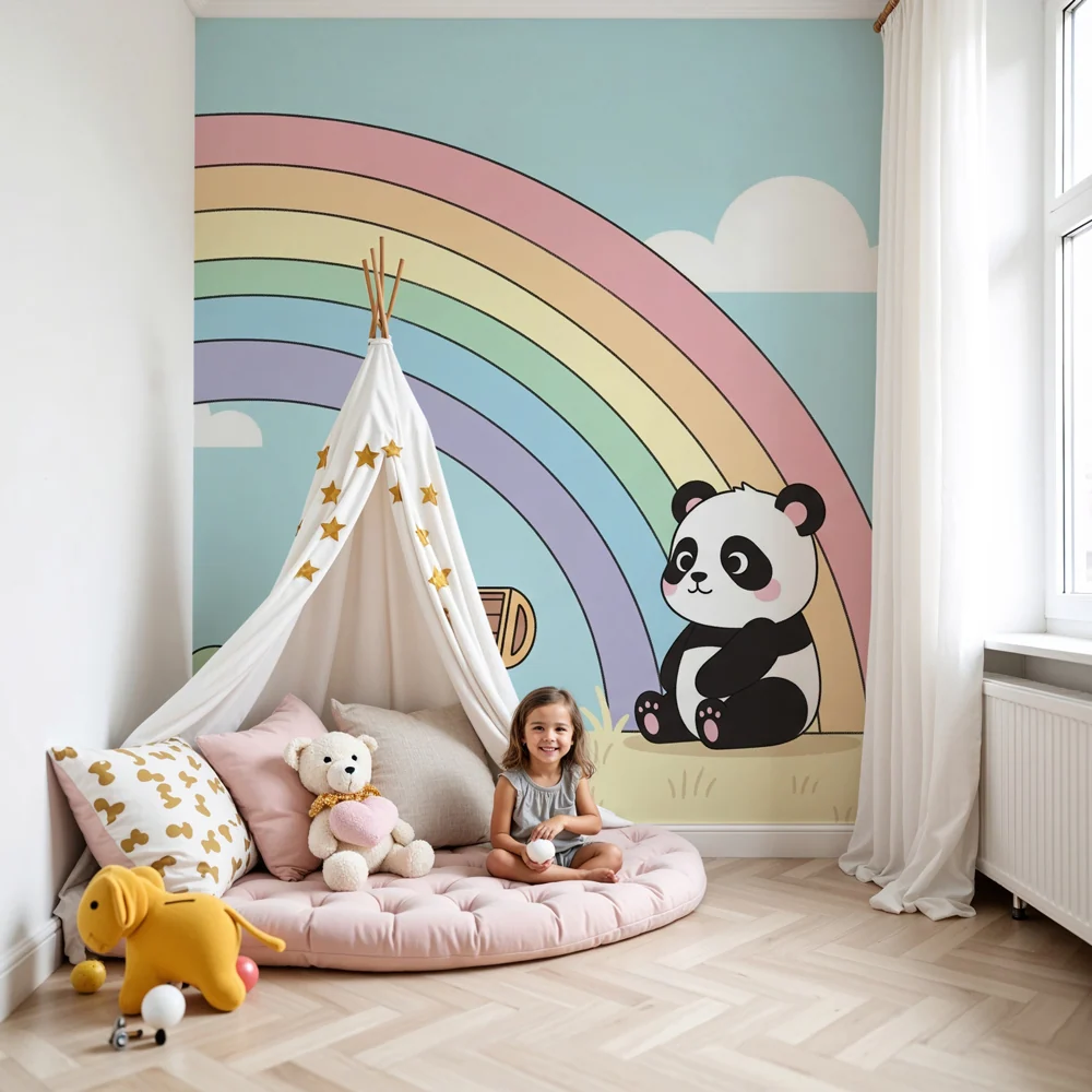 Baba szoba tapéta | Teknős, panda és varázslatos szivárvány