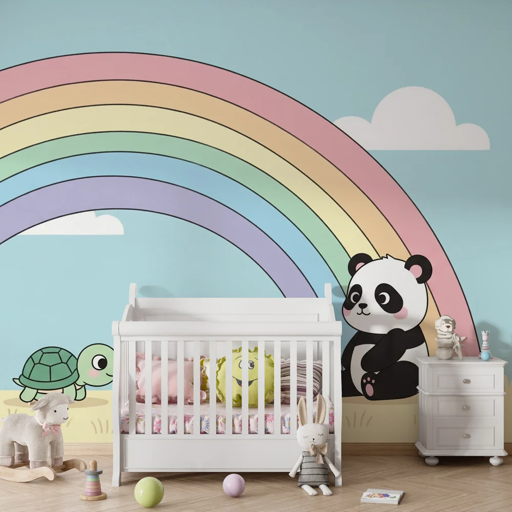 Baba szoba tapéta | Teknős, panda és varázslatos szivárvány