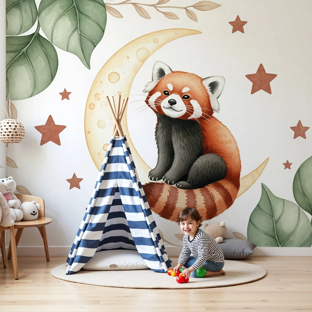 Baba szoba tapéta | Vörös panda és csillagos hold