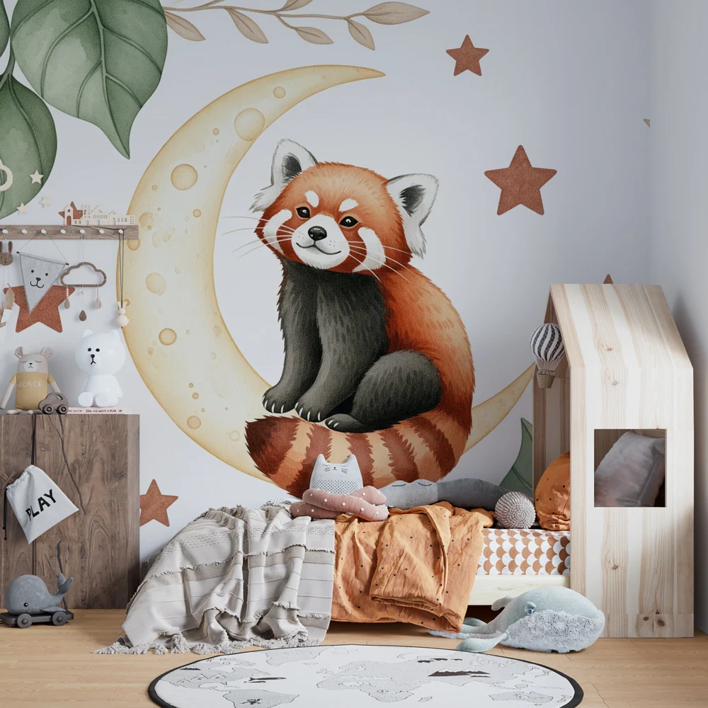 Baba szoba tapéta | Vörös panda és csillagos hold
