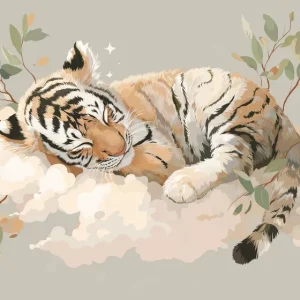 Baba szobai tapéta | Alvó tigris felhőn finom levelekkel