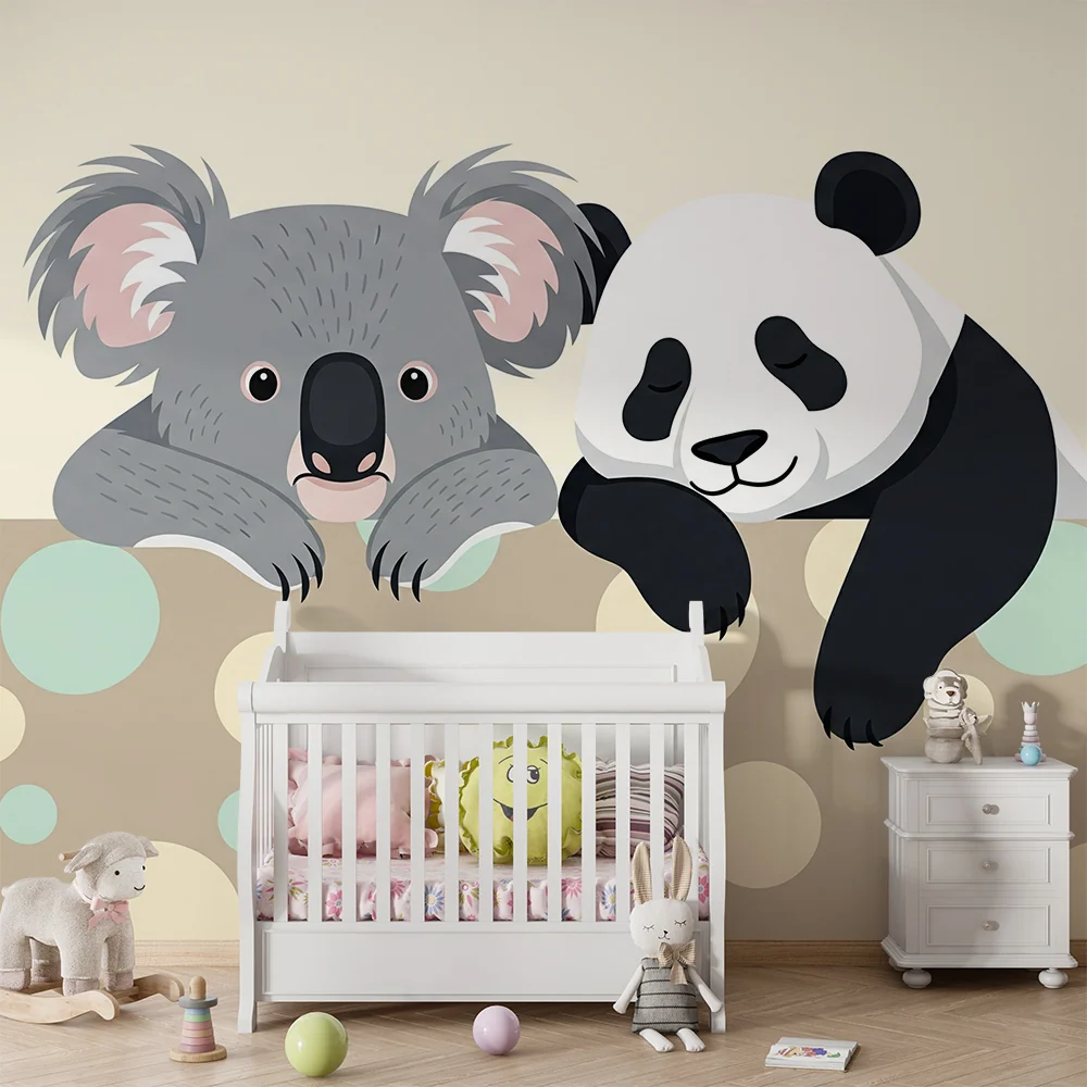 Baba szobai tapéta | Aranyos koalák és pandák lágy háttérrel