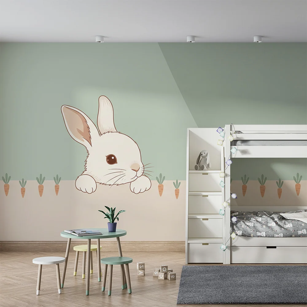 Baba szobai tapéta | Aranyos, kíváncsi nyuszi színes répákkal