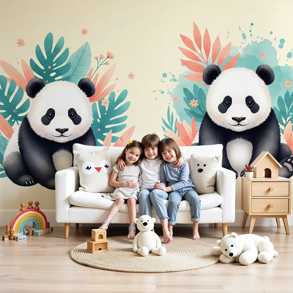 Baba szobai tapéta | Aranyos panda figurák trópusi növényzetben