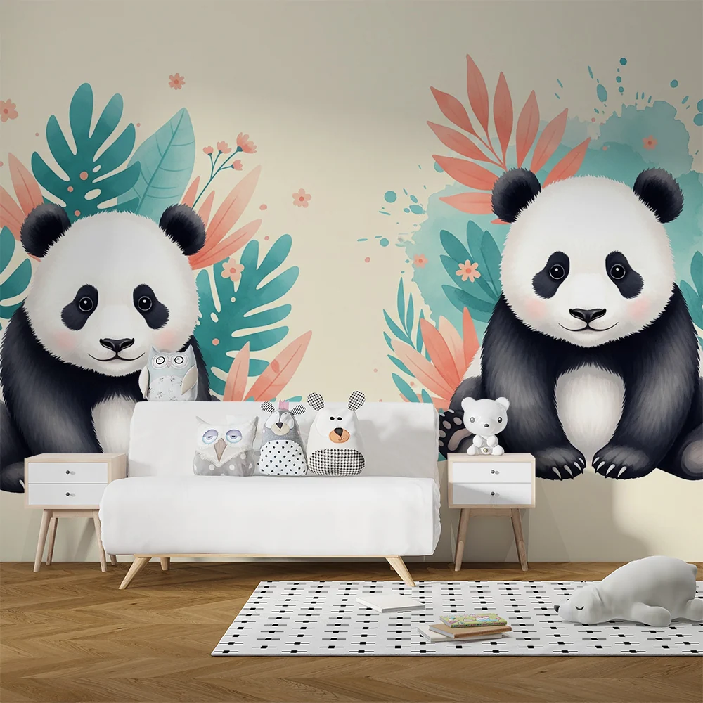 Baba szobai tapéta | Aranyos panda figurák trópusi növényzetben