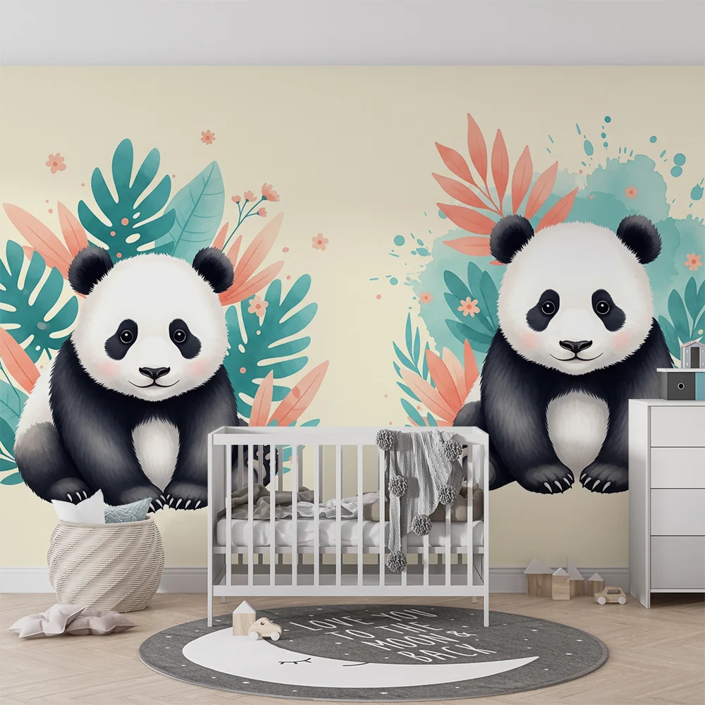 Baba szobai tapéta | Aranyos panda figurák trópusi növényzetben
