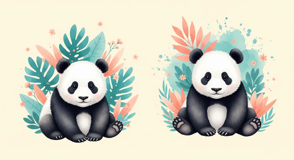 Baba szobai tapéta | Aranyos panda figurák trópusi növényzetben