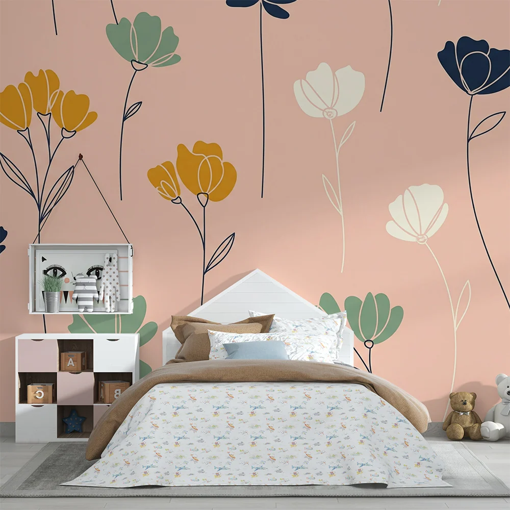 Baba szobai tapéta | Finom virágok pasztell rózsaszín háttérrel