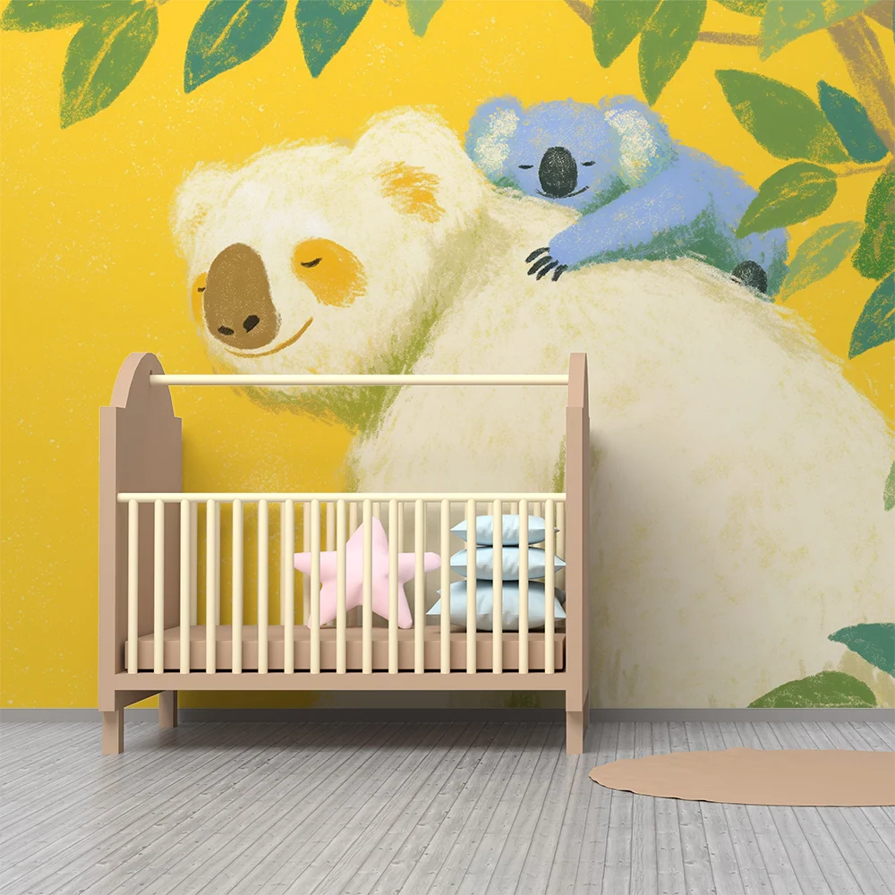 Baba szobai tapéta | Medve és koala világos sárga háttérrel