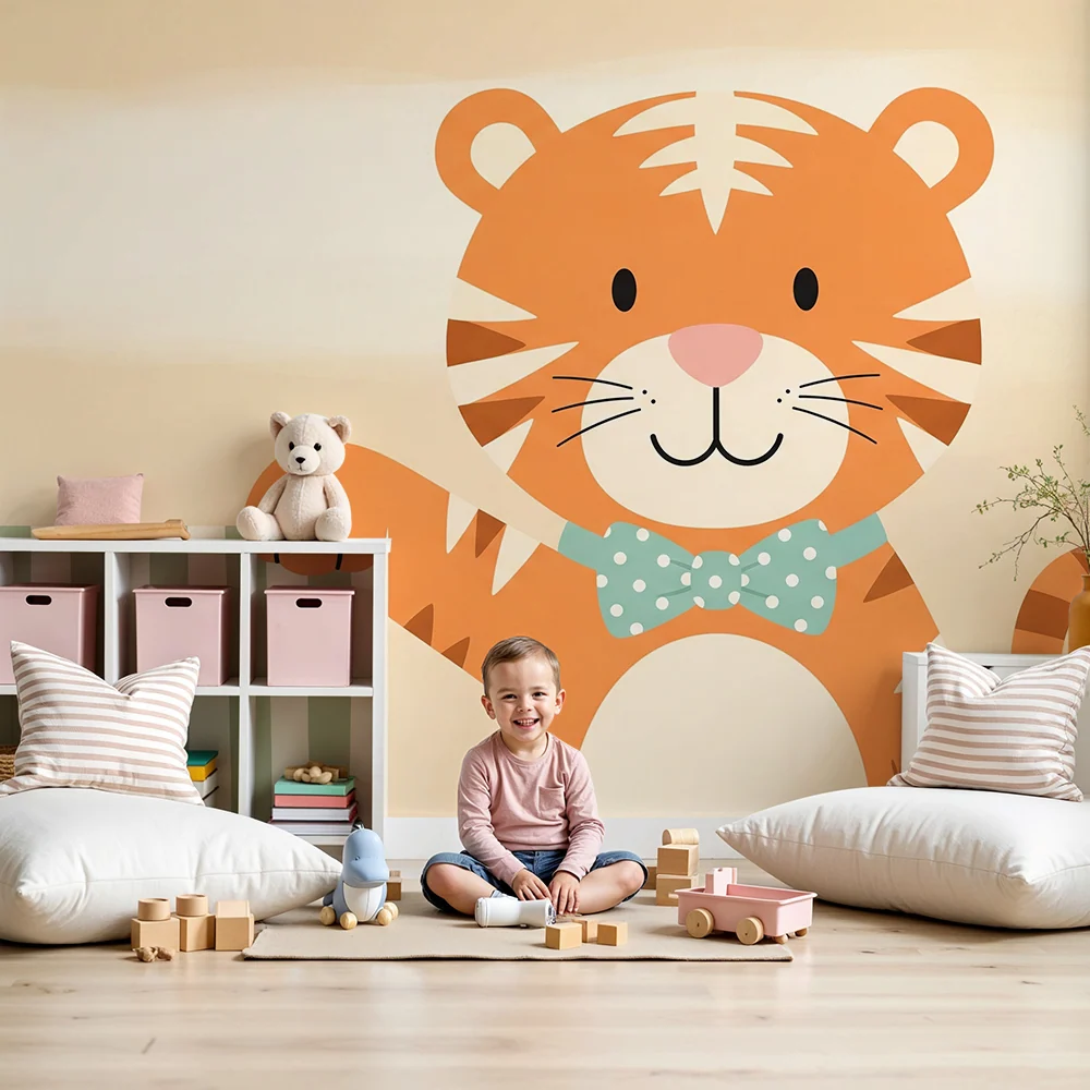 Baba szobai tapéta | Mosolygós tigris nyakkendővel és lágy csíkokkal
