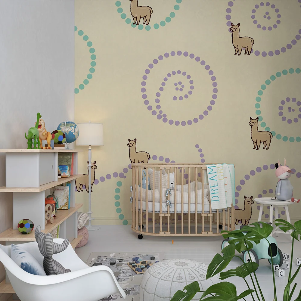 Baba szobába való tapéta | Aranyos alpakák pastell háttéren spirális mintákkal
