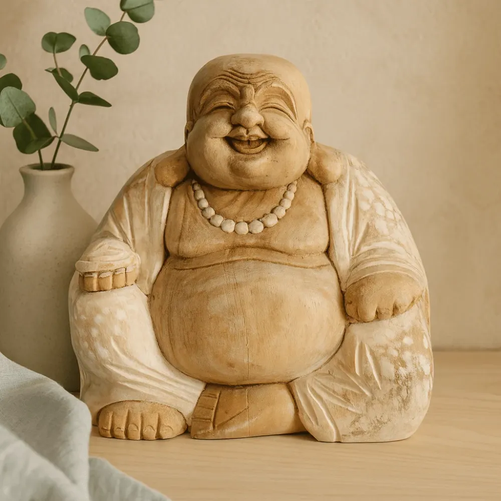 Boldog Buddha Szobor Kézzel Faragott Fehérre Mosott Fa 30cm