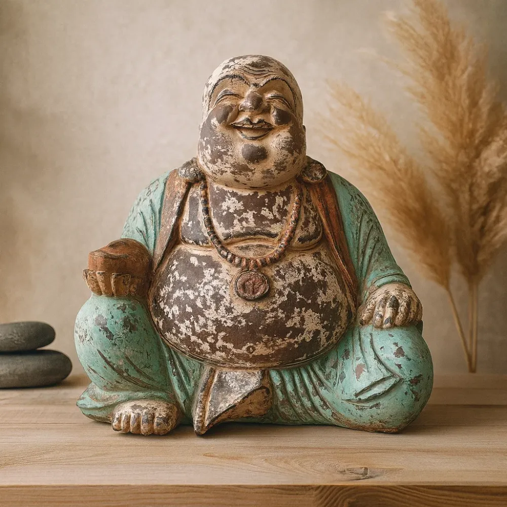 Boldog Buddha Szobor Vintage Kézzel Faragott Menta 40cm