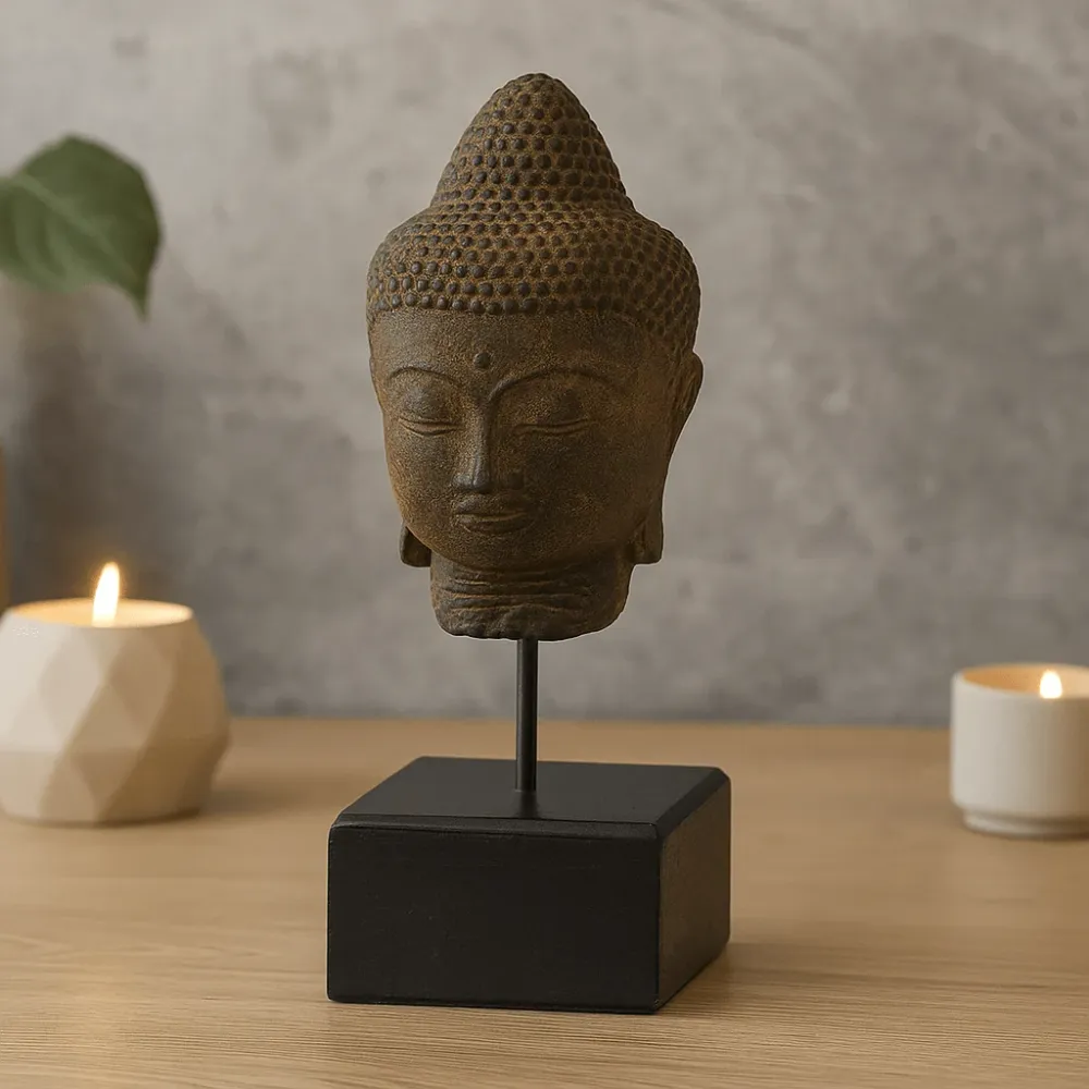 Buddha fej szobor talpon – szürke