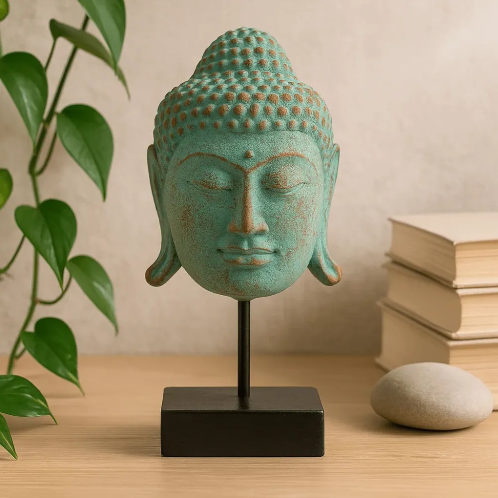Buddha fej szobor zöld réz nagy állványon