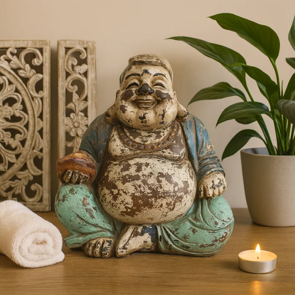 Buddha szobor Boldog Buddha fa 30cm kék menta