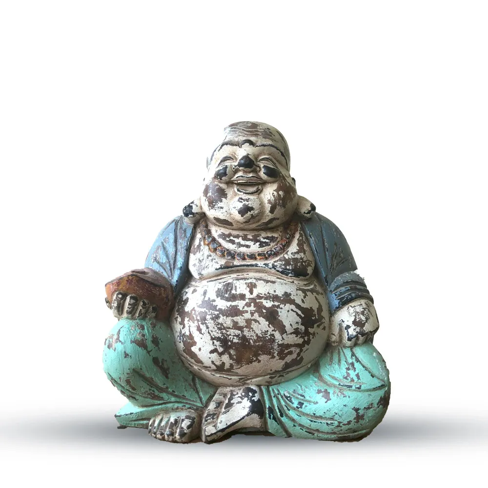 Buddha szobor Boldog Buddha fa 30cm kék menta