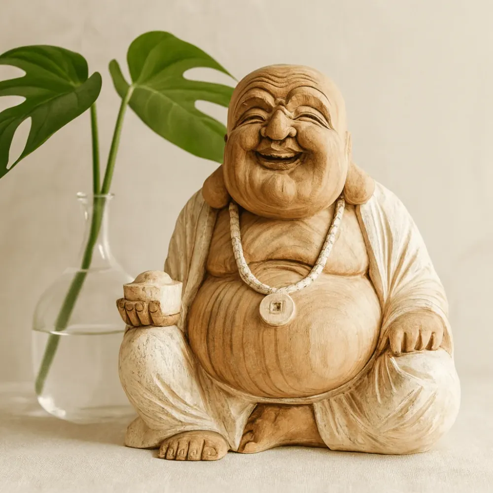 Buddha szobor boldog fehérített Suar fa 40cm