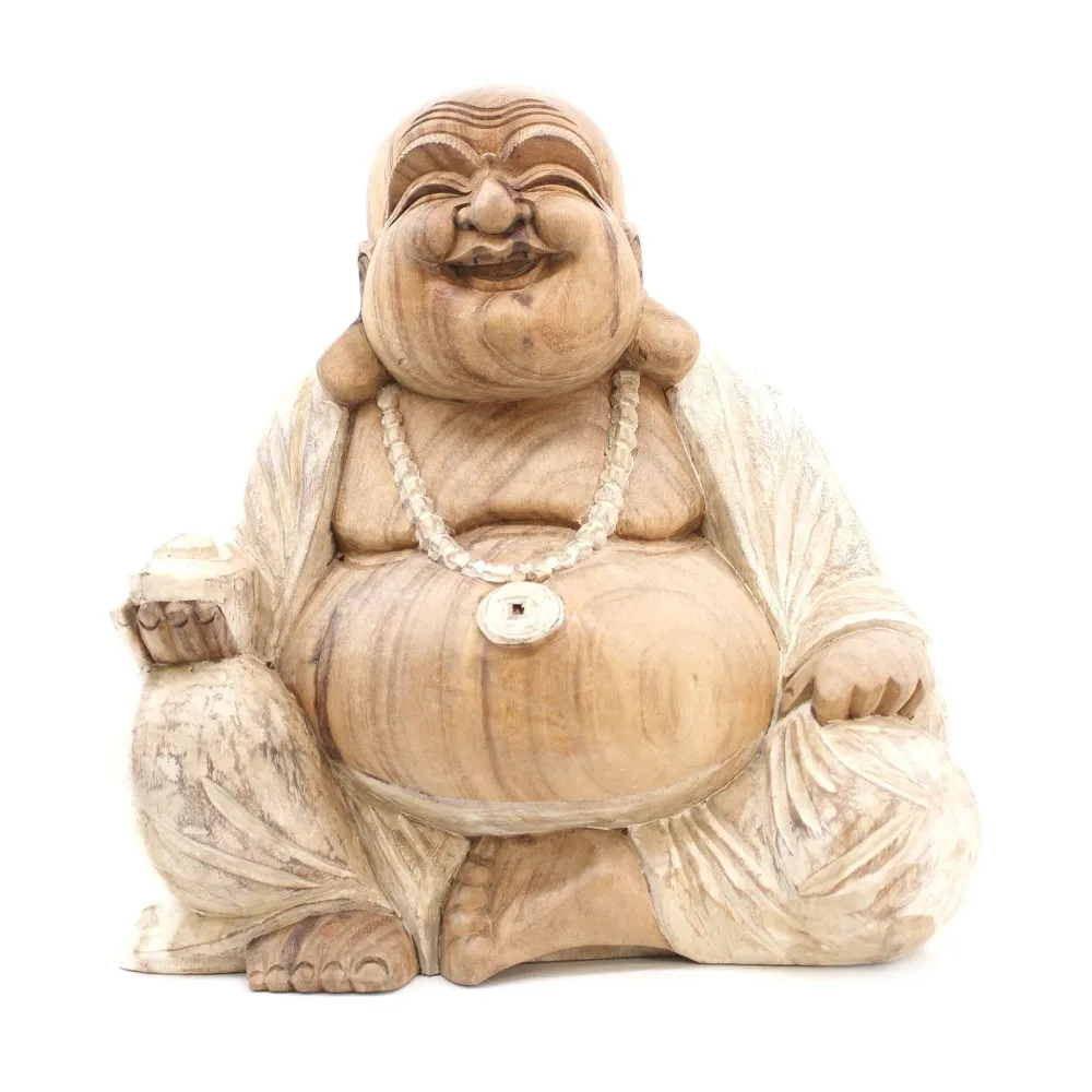 Buddha szobor boldog fehérített Suar fa 40cm