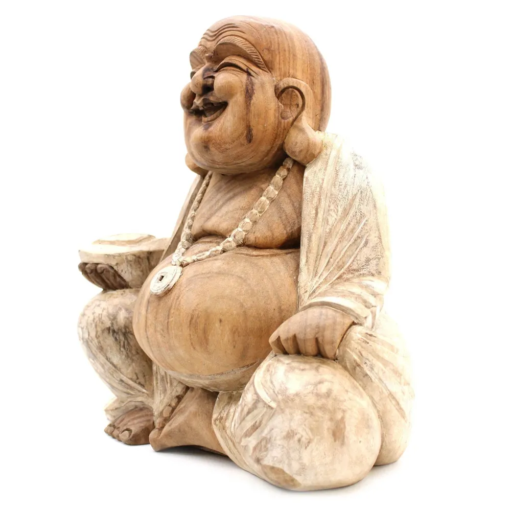Buddha szobor boldog fehérített Suar fa 40cm