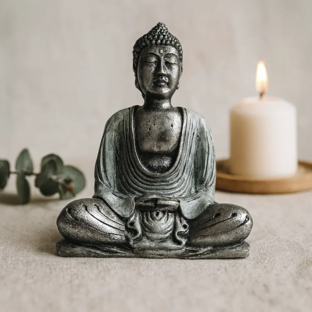Buddha szobor fehér és szürke gyanta közepes