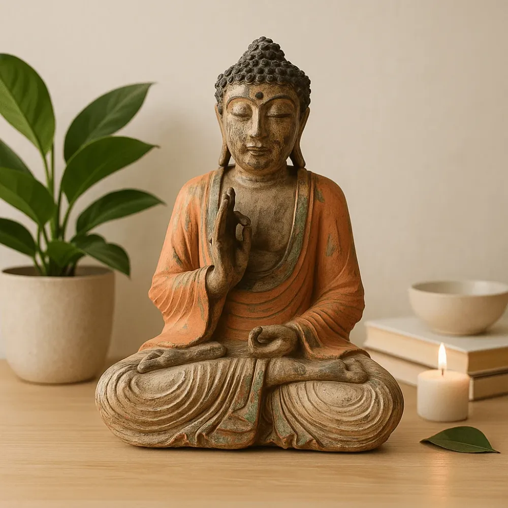 Buddha szobor kézzel faragott 40cm vintage narancssárga tanítás