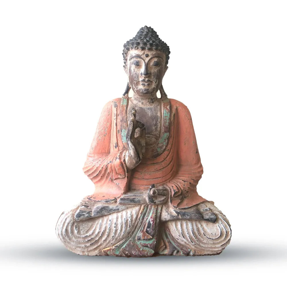 Buddha szobor kézzel faragott 40cm vintage narancssárga tanítás