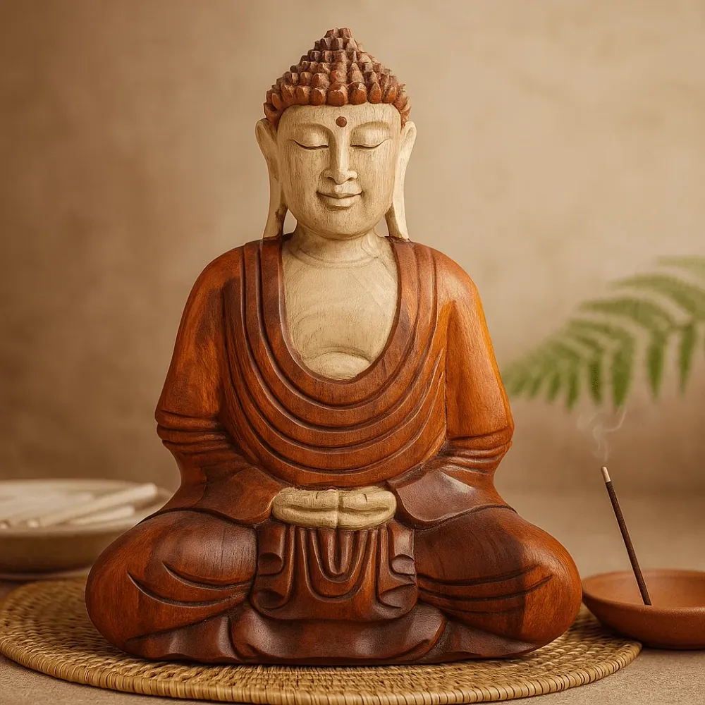 Buddha szobor kézzel faragott suar fa 40 cm kézzel készített