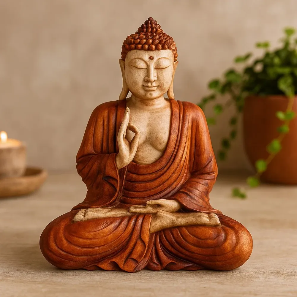 Buddha szobor kézzel faragott fa tanító póz 30cm