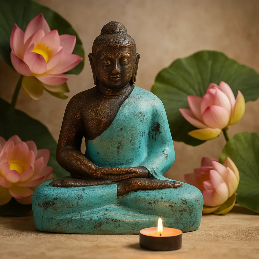 Buddha szobor 0,5 m türkiz és kő hatású kivitelben