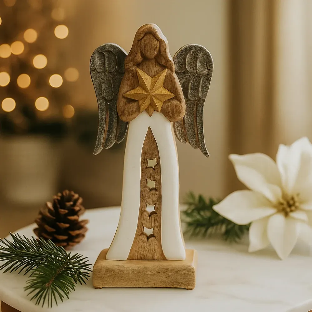 30 cm-es mangófa angyal figura fém szárnyakkal