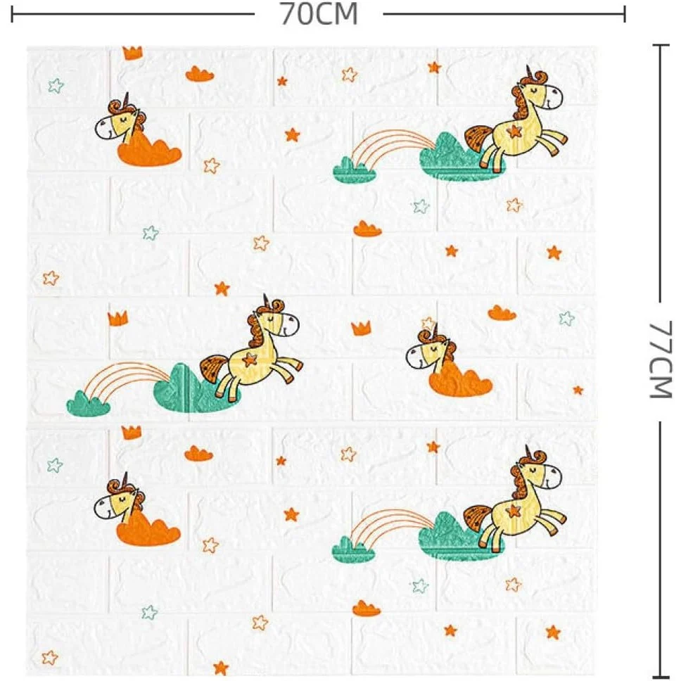 10 darab 3D tapétapanel készlet, Vivimall, 70 x 77 cm, 3 mm vastag, polietilén, tégla mintázat, unikornis motívum, 5,3 nm...